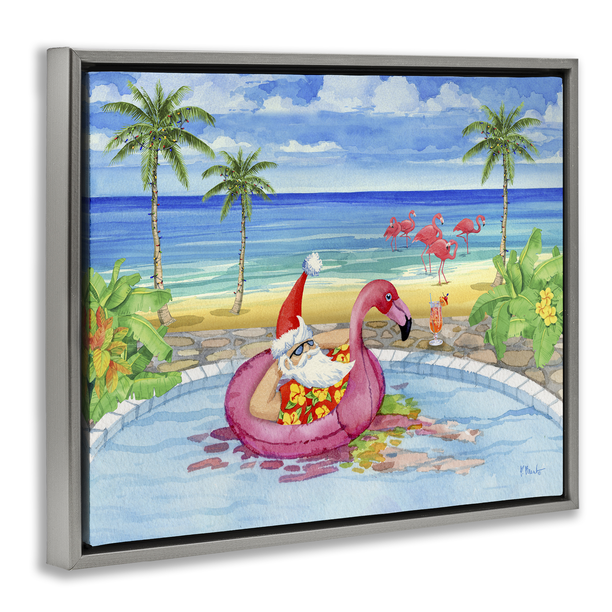 Stupell Industries Santa with Pool Float Holiday Painting Gray Floater Framed Canvas Art Prints Wall Art, 21 x 17