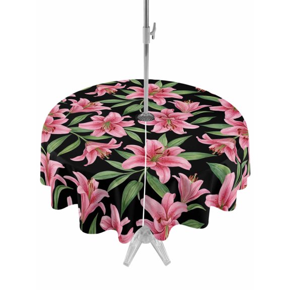 Outdoor Tablecloth with Umbrella Hole for Patio/Picnic/Party/Camping, Pink Flowers Waterproof Table Cloth Round Cover Washable, Spring Floral Elegant Pastoral Botanical (Dia 54")