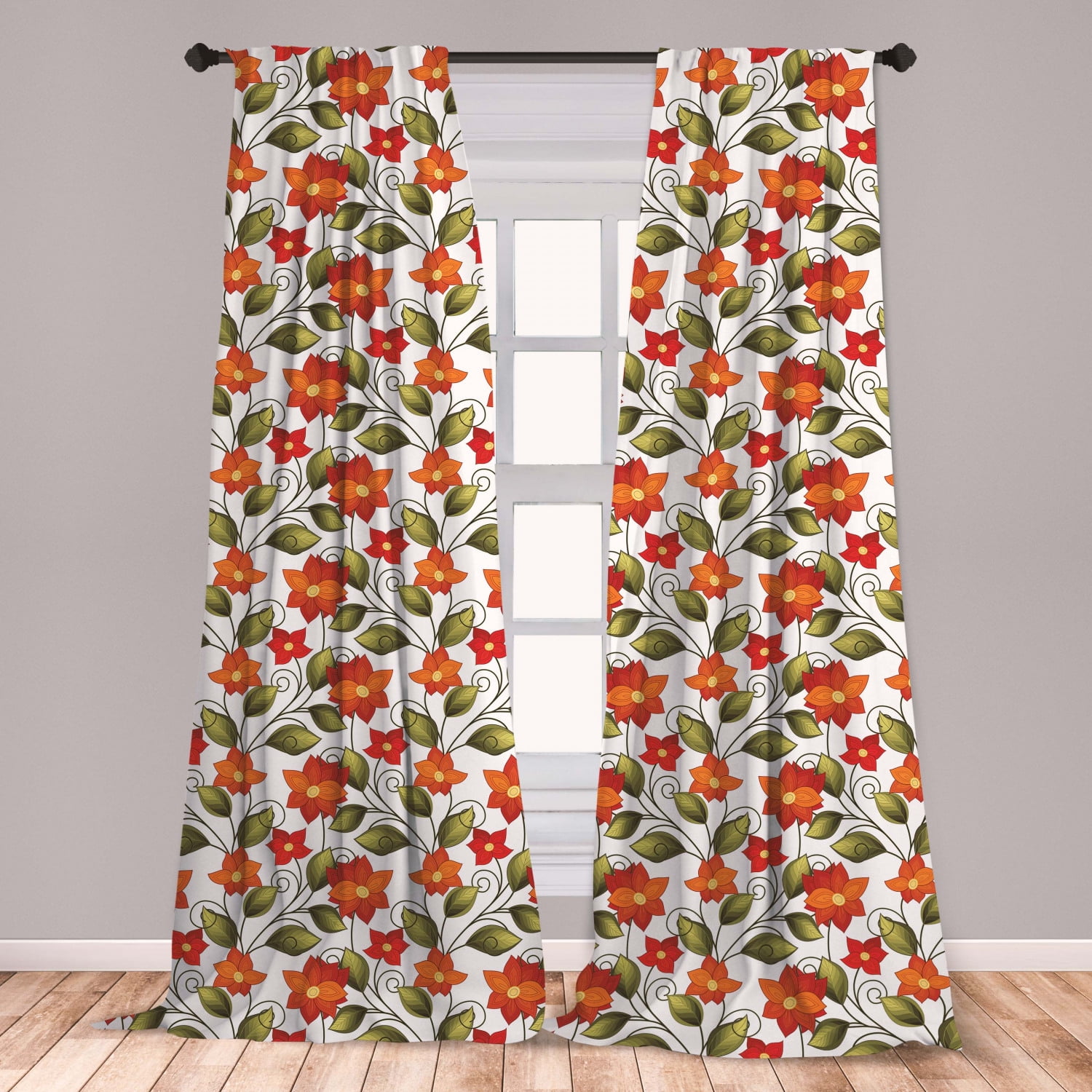 Floral Curtains 2 Panels Set, Lily Blooms Nature Herbs Doodle Style