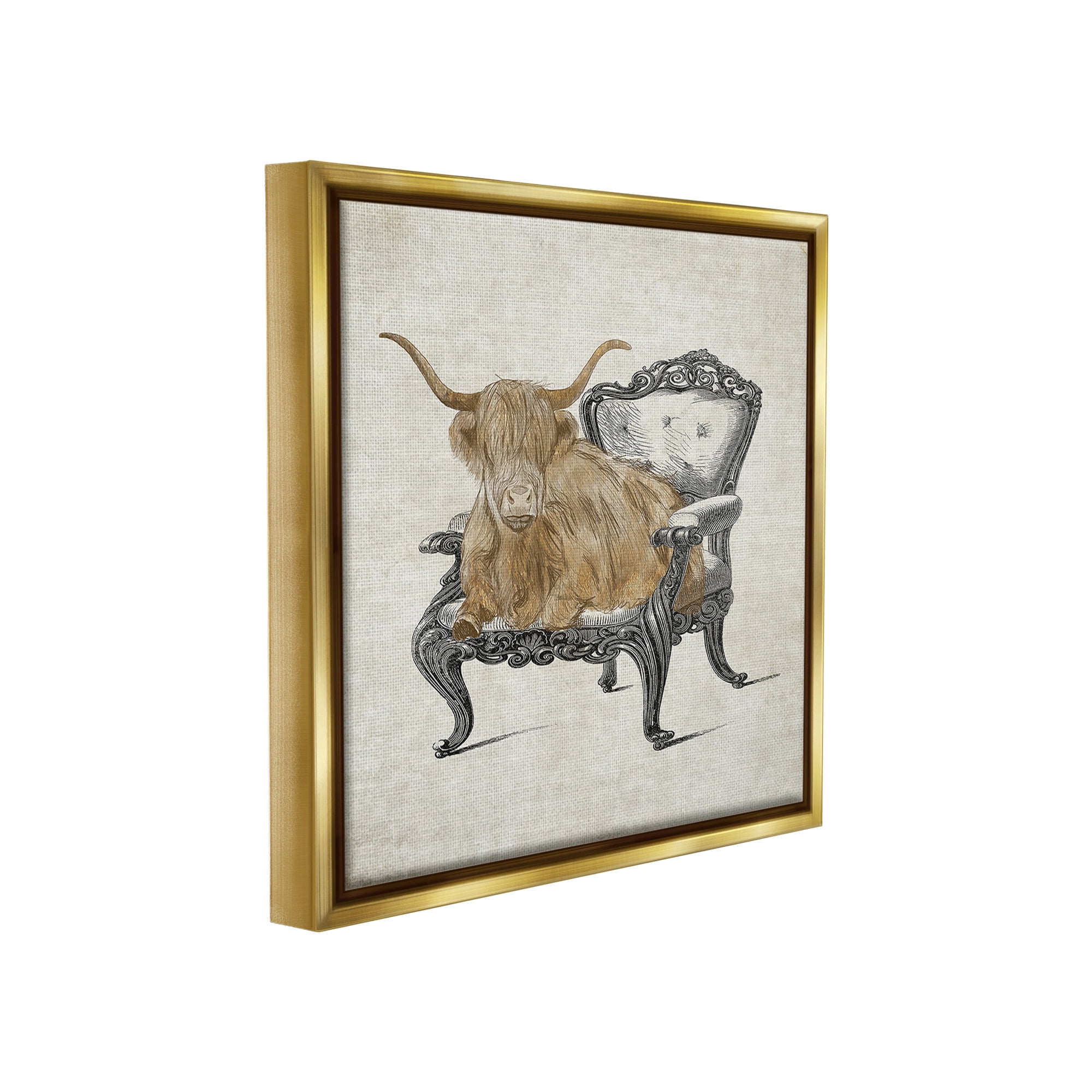 Stupell Industries Longhorn & Vintage Armchair Animals & Insects Painting Gold Floater Framed Canvas Art Print Wall Art, 18 x 18