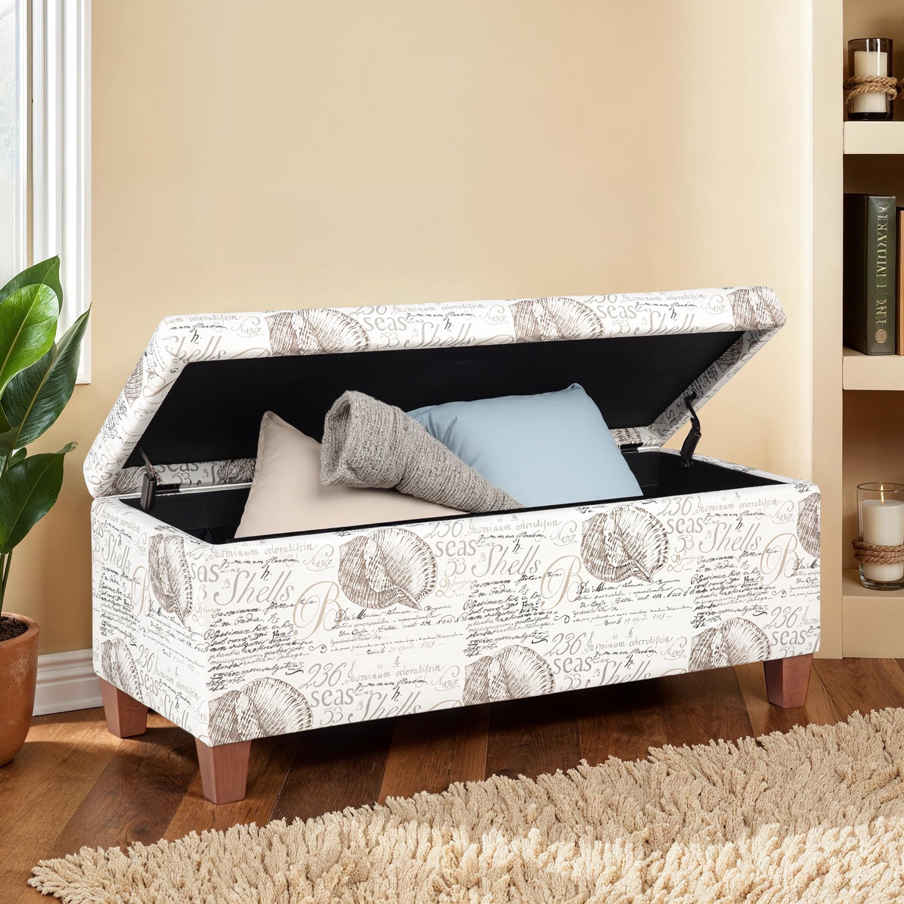 Linon Carmen Upholstered Storage Ottoman, Beige Ocean Seashell