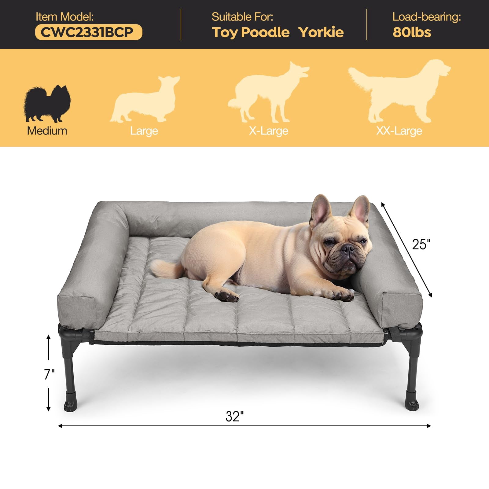 Elevated Dog Bed Add Removable Waterproof Bolster Cushion Mat  Raised Pet With Breathable Teslin Mesh No-slip Feet Couch For Indoor Outdoor 32x25inches Grey Cwc2331b