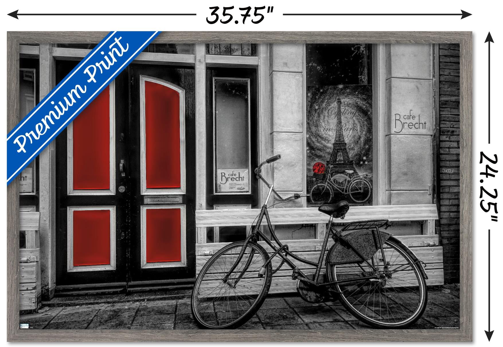 City Bike in Black and White Color Selected Red Wall Poster, 22.375" x 34" Framed