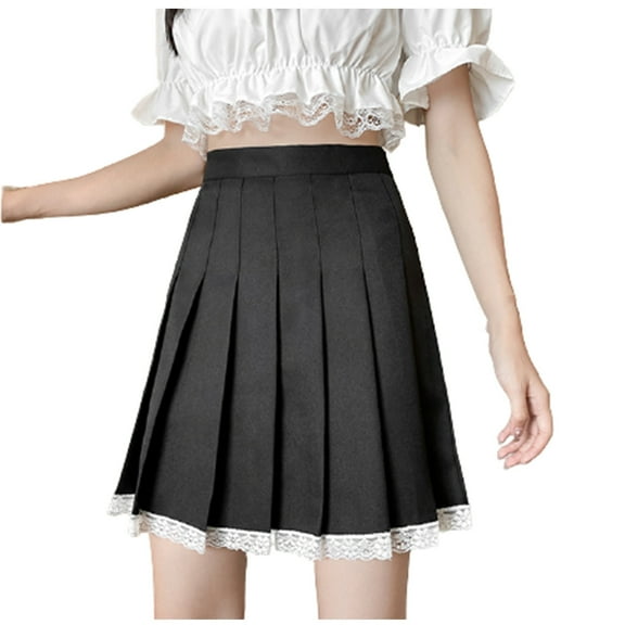 JGGSPWM Womens Elegant Pleated Mini Skirt Lace Trim Solid Color College Windproof A-line Skirts Black M