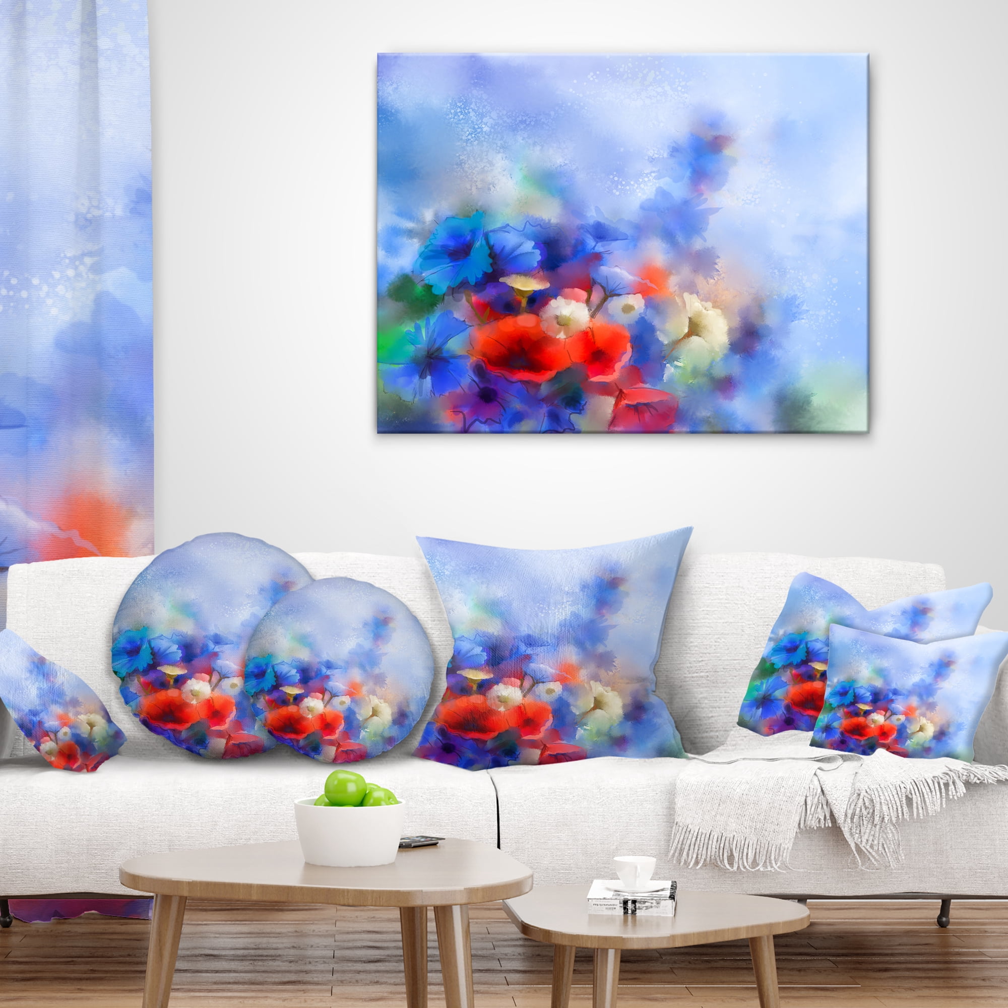 Designart Blue Corn Flowers and Red Poppies - Floral Throw Pillow - 18x18