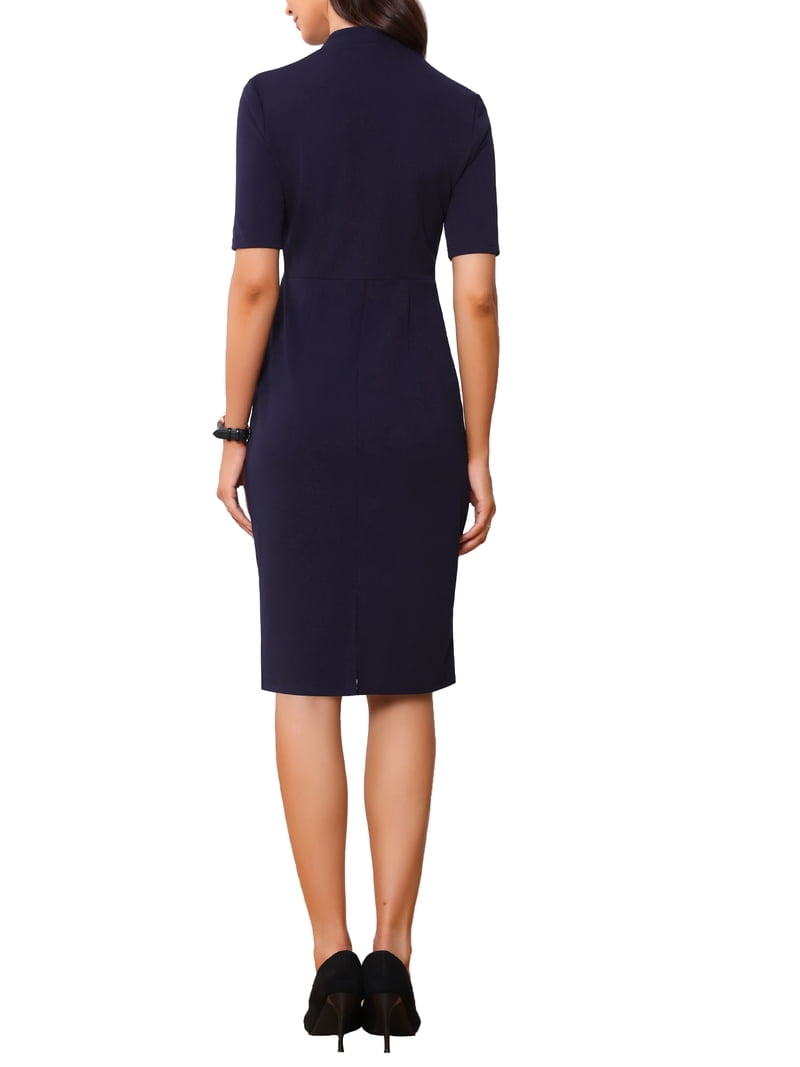 Inspire Chic Women's Sheath Dress V Neck Short Sleeves Wear-to-Work Bodycon Midi Dresses Dark Blue XS