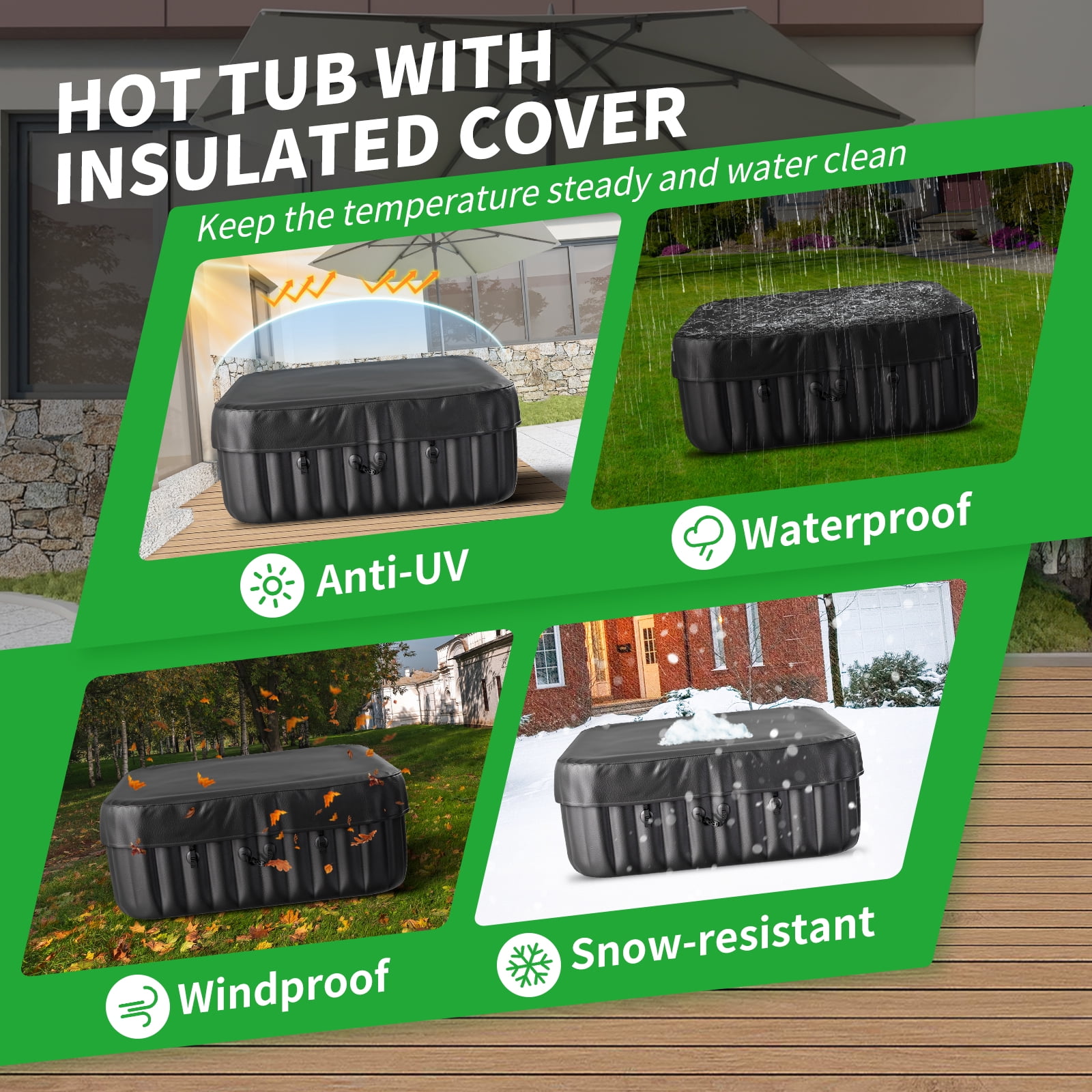 MOPHOTO 4-6 Person Inflatable Hot Tub, 73” X 73”X 25” Large Square Blow Up Portable Hot Tub, Leak-Proof PVC Outdoor Spa with 130 Air Jets, Insulated Cover and Heater Pump