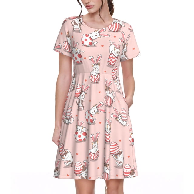 Bixox Robe d'Été à Manches Courtes pour Femmes Robe Ample Longueur Genou avec Poches-Lapin de Pâques