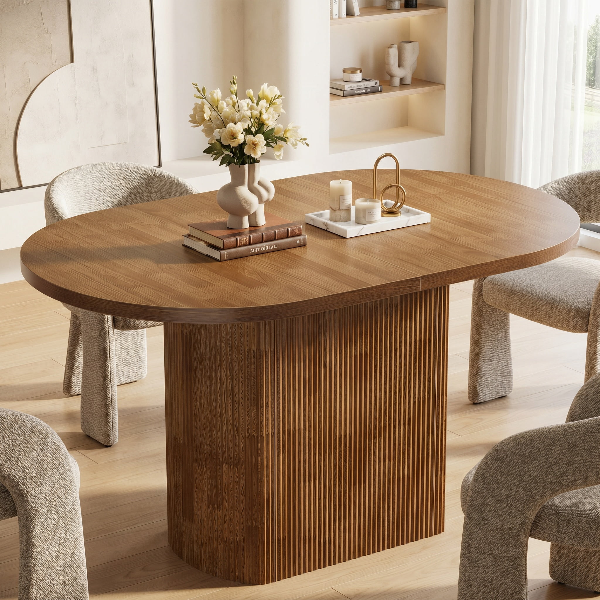 Fnova 47.24" Oval Dining Table, Wooden Kitchen Table for 4, Small Farmhouse Coffee Eating Table for Dining Room, Kitchen, Living Room, Brown