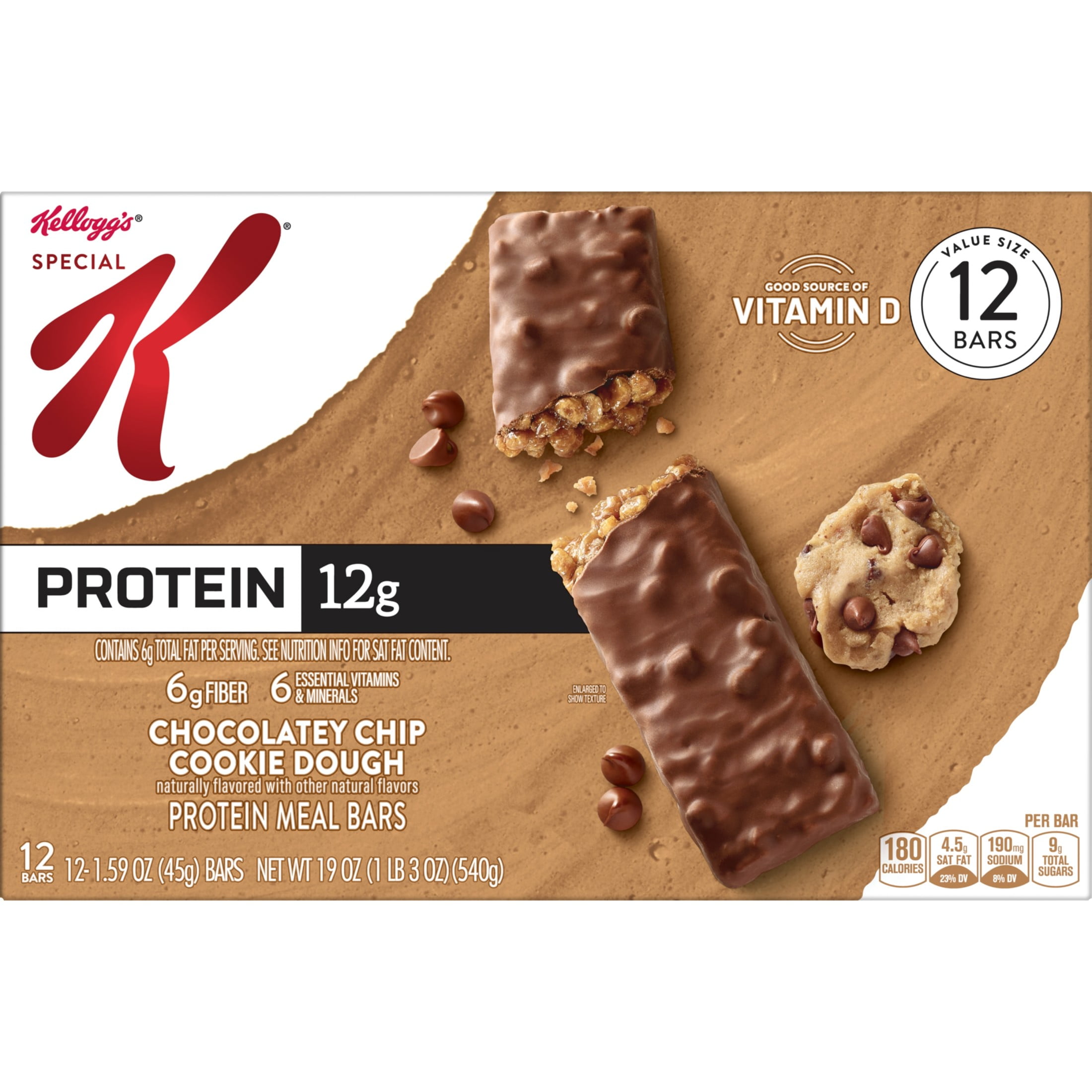 (2 pack) Special K Bar Chocolatey Chip Cookie Dough Chewy Protein Meal Bars, 12g Protein Snacks, 19 oz, 12 Count