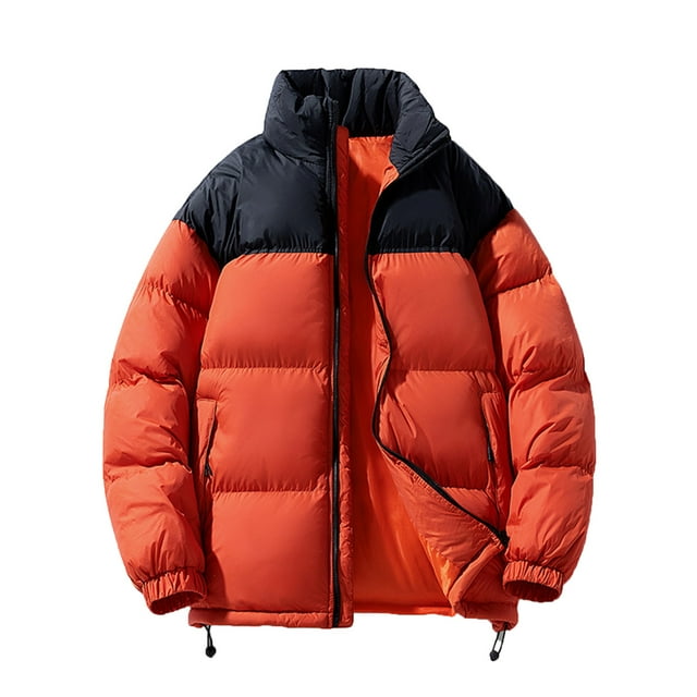 Men’s Winter Down Jacket Thick Warm Stand Collar Solid Color Insulated Puffer Coat Zip Up Color Block Ski Bubble Jacket for Cold Weather