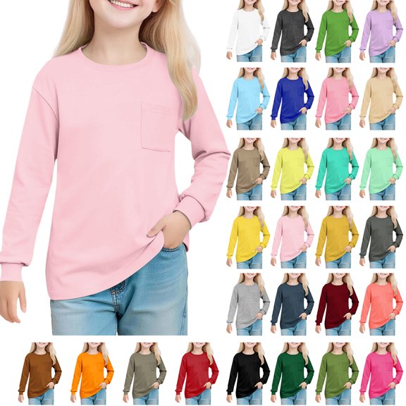 Bovxnpu Girls Long Sleeve T Shirts Kids Spring Fall Tops School Tee Girls' Solid Color Round Neck Long Sleeved Top Children's Pullover Shirt For 5-14 Years