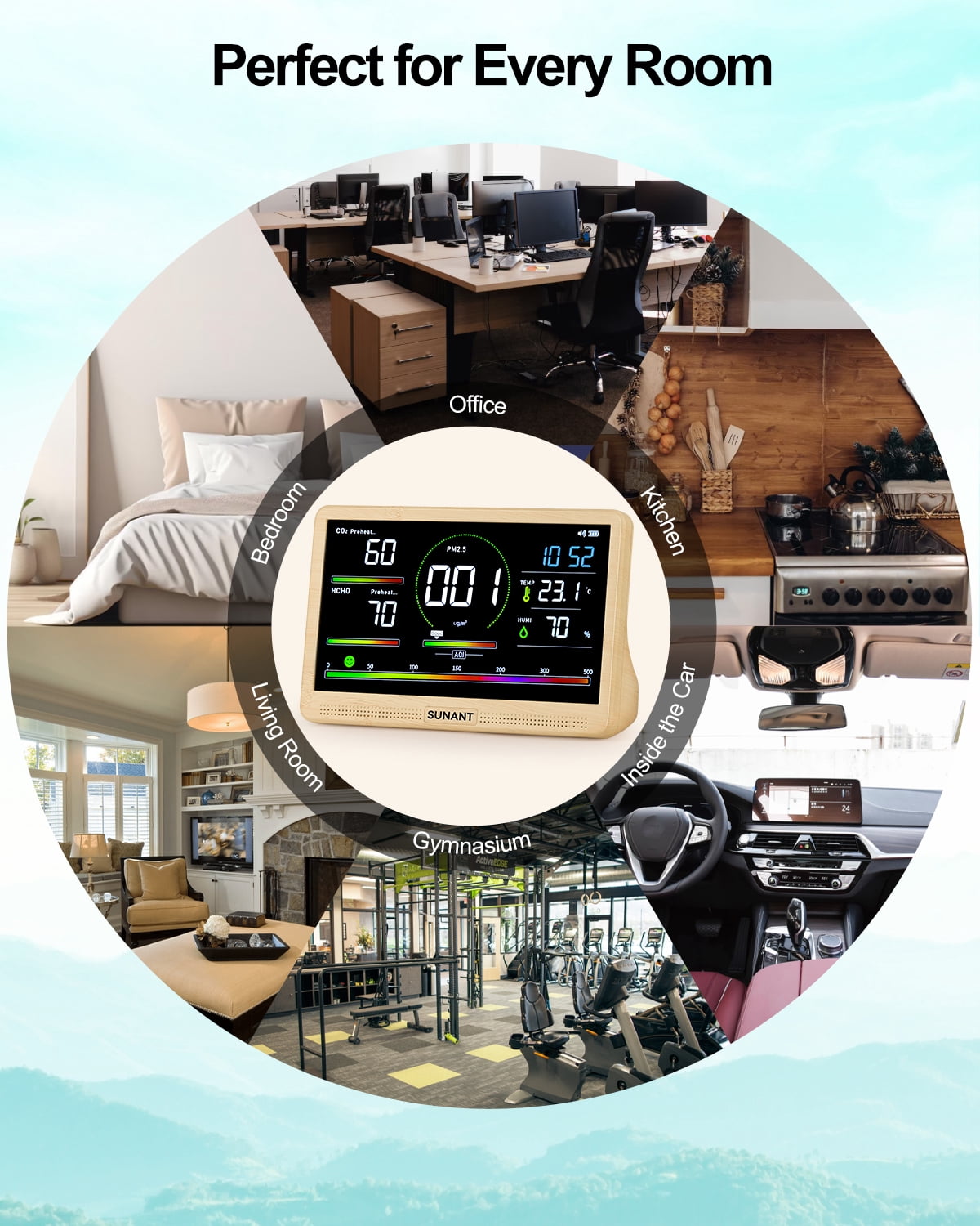 16 in 1 Air Quality Monitor Indoor Detects, CO2 Tester for CO2, TVOC, PM2.5, PM1.0, PM10, HCHO, Temperature Humidity AQI & Time, 2500mAh Battery Powered, LED Display, Auto Alert for Car, Office, Home