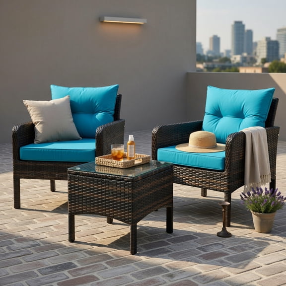 Hommoo 3-Piece Outdoor Wicker Patio Conversation Set, PE Rattan Chairs with Cushions, Tempered Glass Coffee Table for Backyard, Balcony & Poolside, Turquoise
