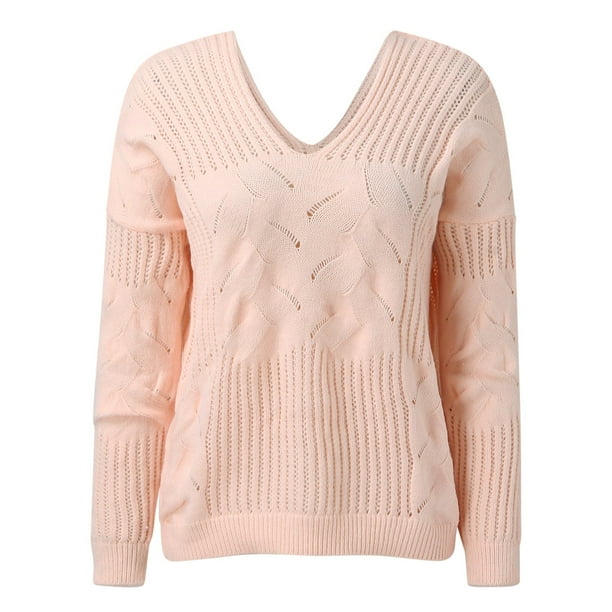 Gibobby Suéteres para mujer, Suéter de Manga Larga Relajado con Cuello en V Suéter para Mujer(Rosa,G)