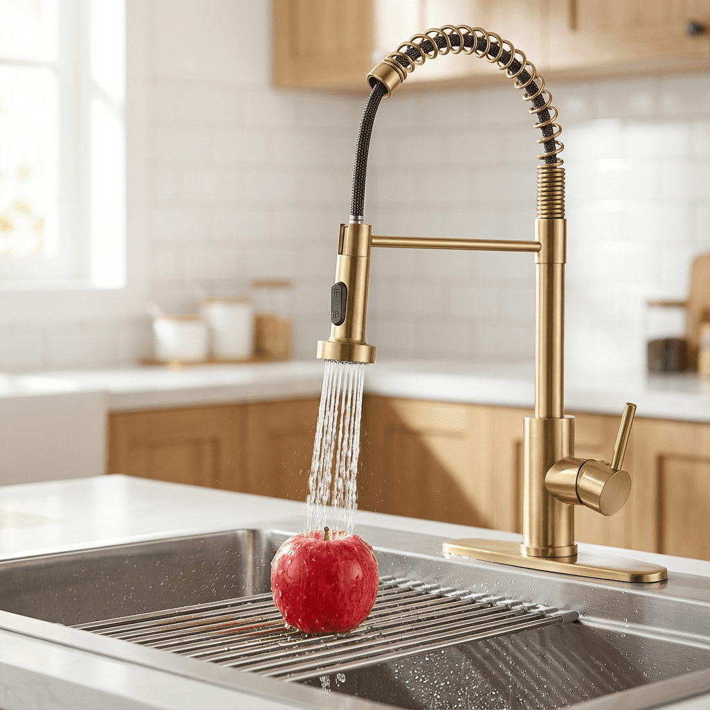 Kitchen Faucet with Pull Down Sprayer Industrial 1 Handle 1 Hole or 3 Hole Faucet for Farmhouse Camper Laundry Utility,Brushed Gold
