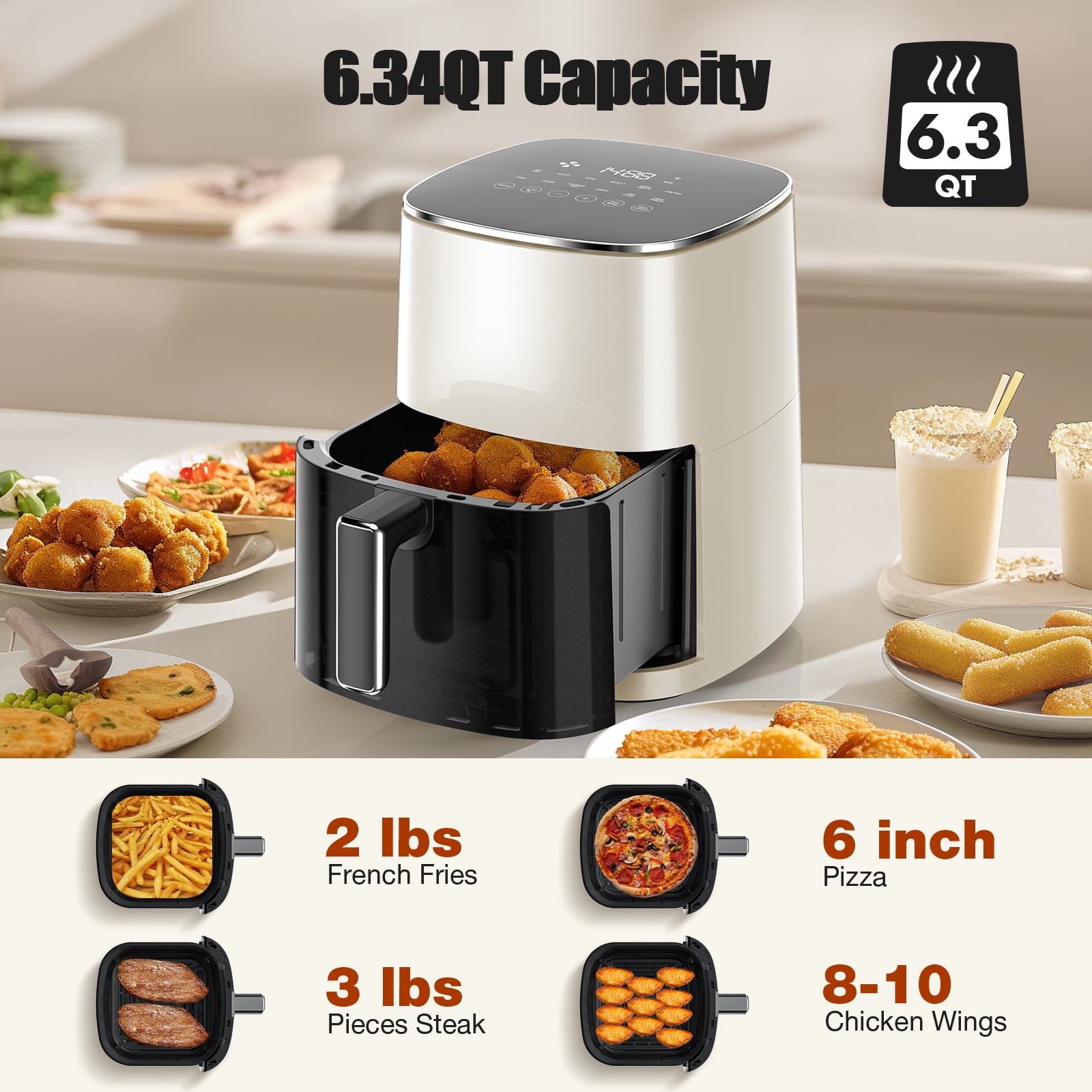 Zestoria 6qt Window Air Fryer - 12-in-1 Multi-Cooker with 400F, Dehydrate, Bake & Steam, Beige