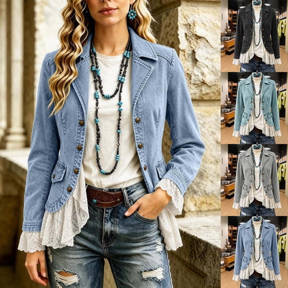 Women’s Lapel Denim Jacket Vintage Button Front Casual Coat Lace Ruffle Hem Boho Long Sleeve Jean Outerwear for Daily Wear Light Blue