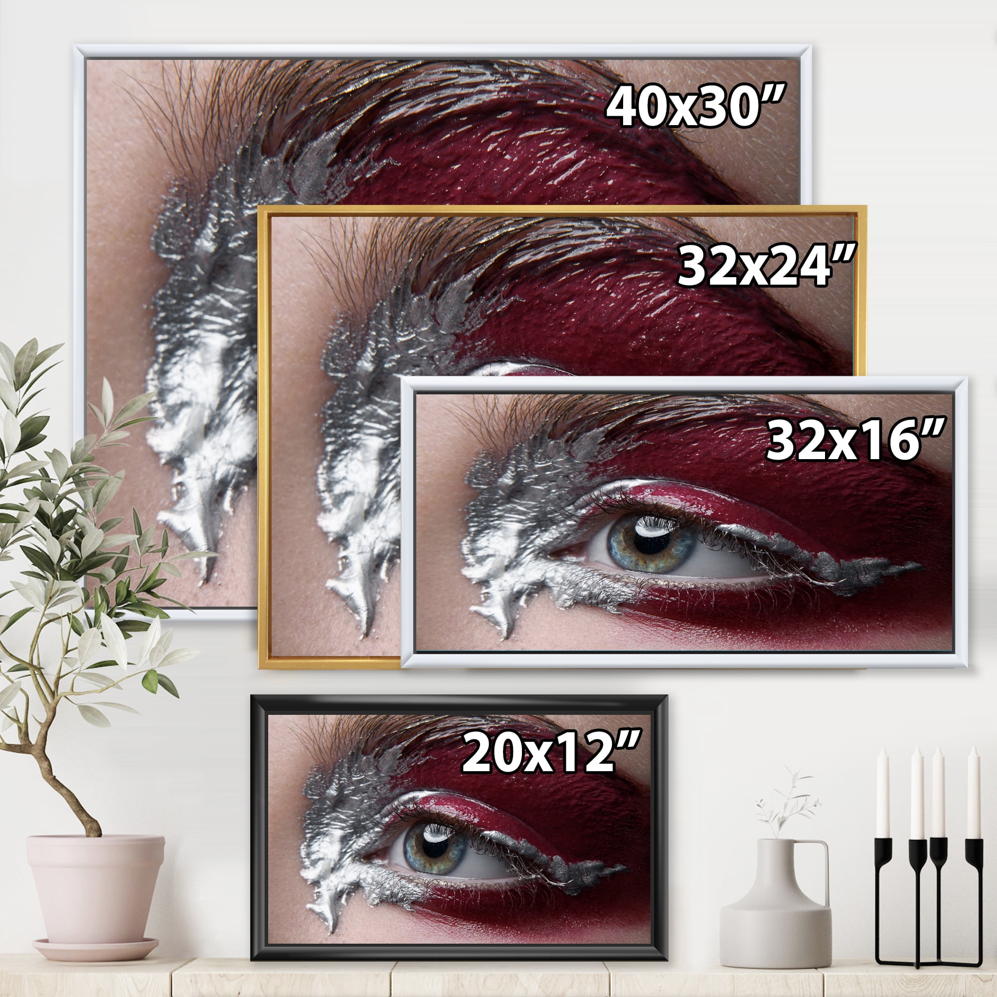 Designart 'Close Up of A Woman Eye With Red Makeup On' Modern Framed Canvas Wall Art Print