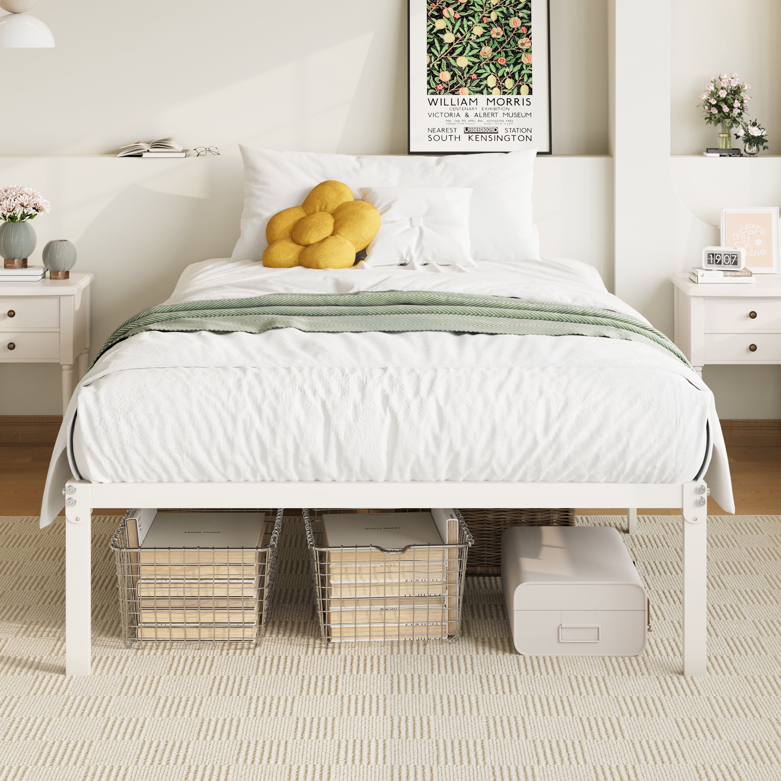 Allewie Twin Bed Frame, 14 inch Metal Platform Beds with Storage Space, No Box Spring Needed and Easy Assembly, White