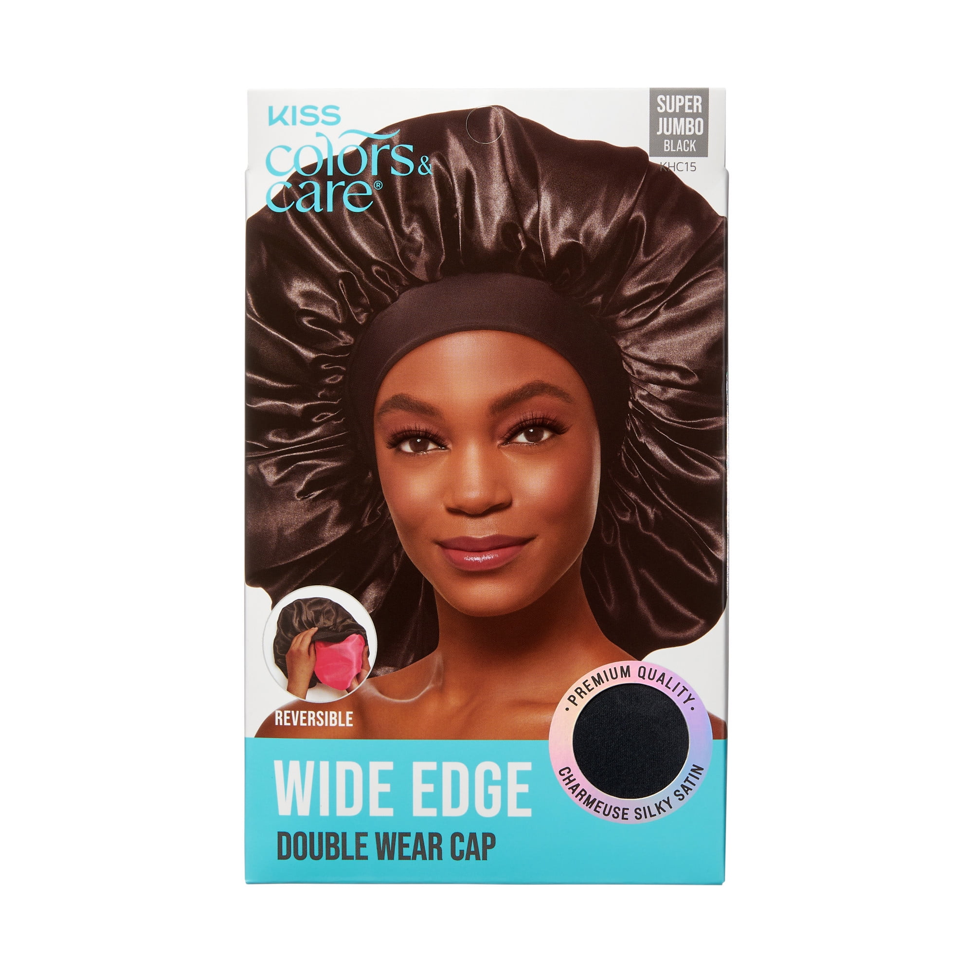 (2 pack) Kiss Colors & Care Silky Satin Reversible Hair Bonnet Cap, Wide Edge, Super Jumbo, Black