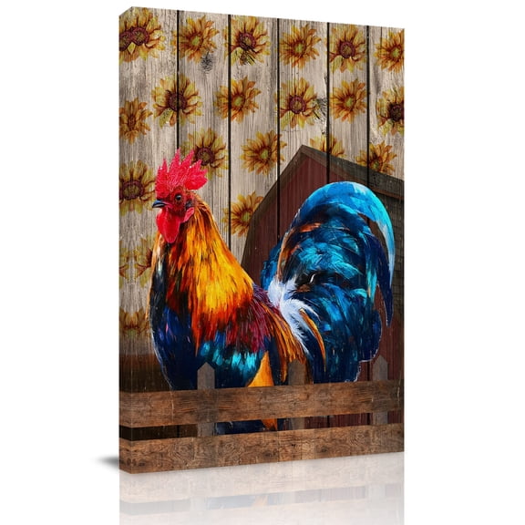 Farm Retro Chicken Canvas Wall Art for Living Room, Animal Portraits Sunflowers Wooden Fences Wall Decor Framed Artwork Pictures Ready to Hang for Bedroom Office Home Decor