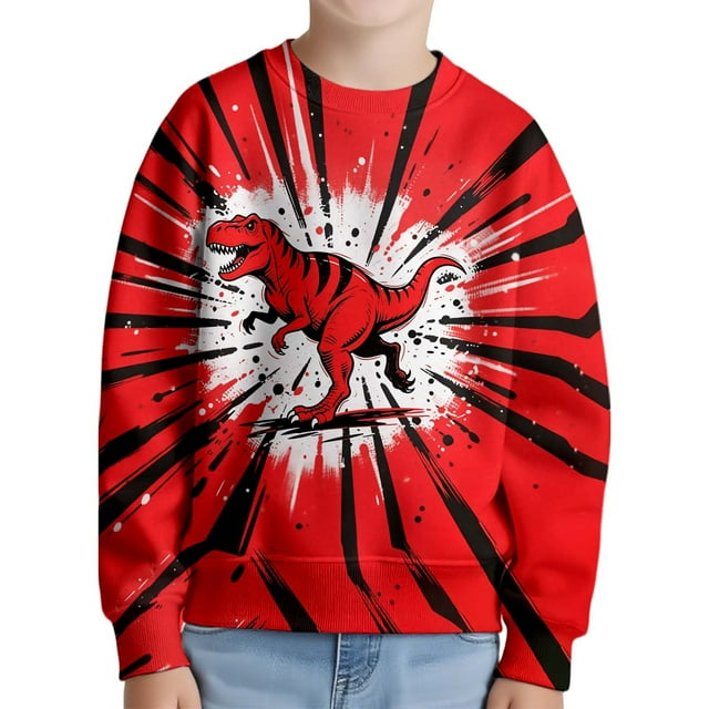 Chandail à Col Rond Décontracté pour Garçon avec Motif de Dinosaure pour Usage Quotidien et Activités Extérieures pour Enfants de 1 à 7 Ans (Couleur : Rouge, Taille : 5-6 Ans)