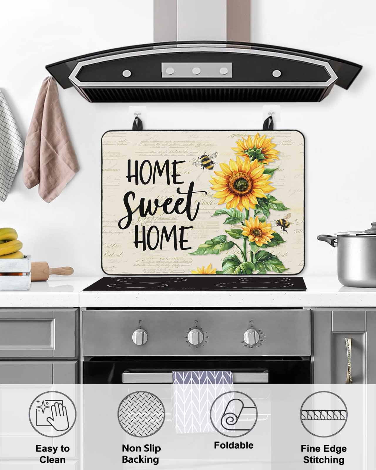 nqOlkjepod Large Induction Cooktop Protector Mat 24"x21", Yellow Sunflower Stove Top Covers for Electric Stove, Bee Floral Farmhouse Country Retro Stove Burner Cover Mats, Glass Top Stove Cover
