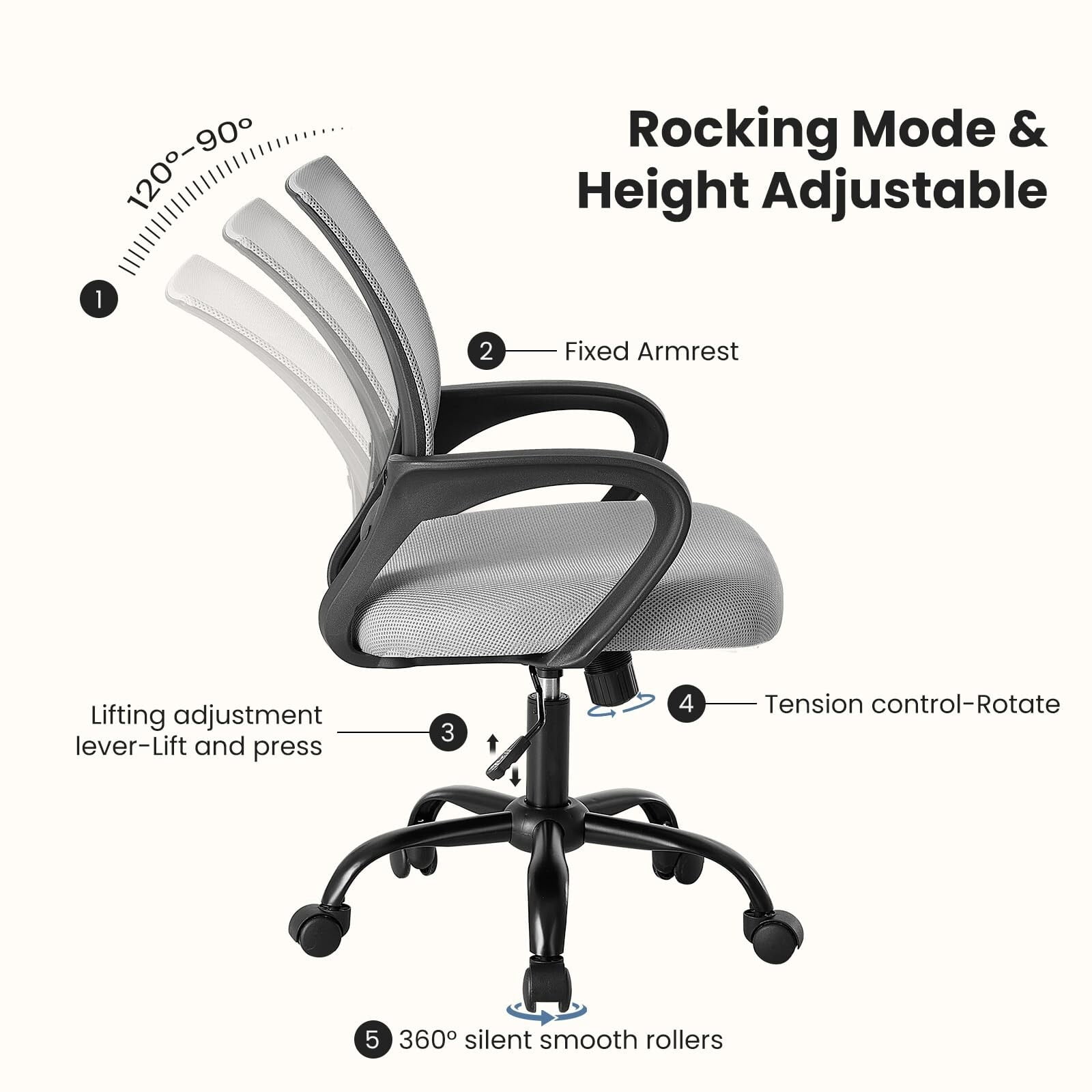 Kelno Mid-Back Mesh Office Chair 250lb Capacity Ergonomic Desk Chair with Lumbar Support Adjustable Height Rocking Task Chair, Gray