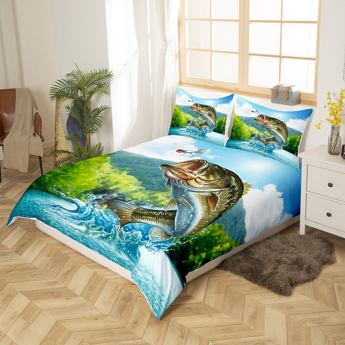 HOSIMA Big Pike Fish Bedding, Striped Bass Big Fish Eat Small Fish Pattern  Hunting and Fishing Themed Duvet Cover Queen Size for Kids Boys Room Decor