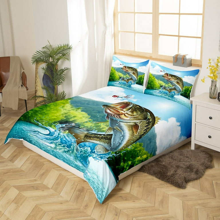 Big Pike Fish Duvet Cover With 2 Pillowcases,Striped Bass Big Fish Eat  Small Fish Pattern Fishing Bedding Set.