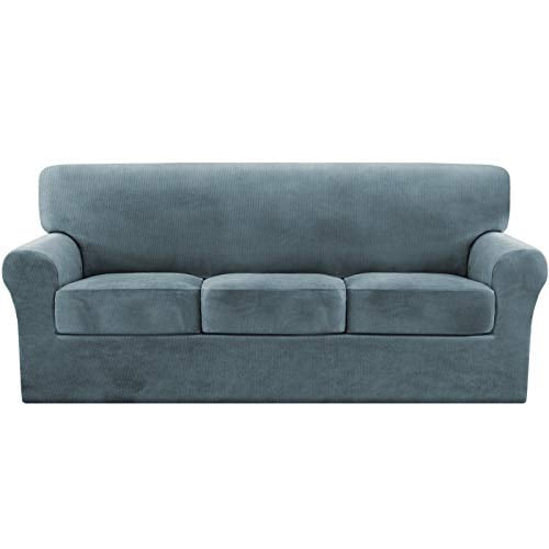 Thick Striped Velvet 4 Piece Stretch Sofa Covers Couch For 3 Cushion Slipcovers Base Cover Plus Individual Feature Soft Stay In Place Stone Blue Piece Stretch Sofa Covers Couch, 3 Seat Individual Cushion Sofa Covers