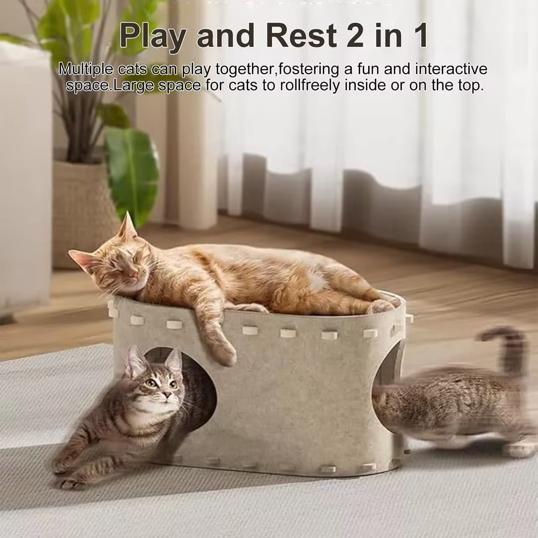 OMCPET Peekaboo Cat Houses for Indoor Pets - Scratch Resistant Felt Kitten Hideaway Bed, Large Cat Bed Cave for 22 LB Cat, 2-in-1 Cat Scratcher House, Foldable Cat Feline Tunnel, 22.8 inches