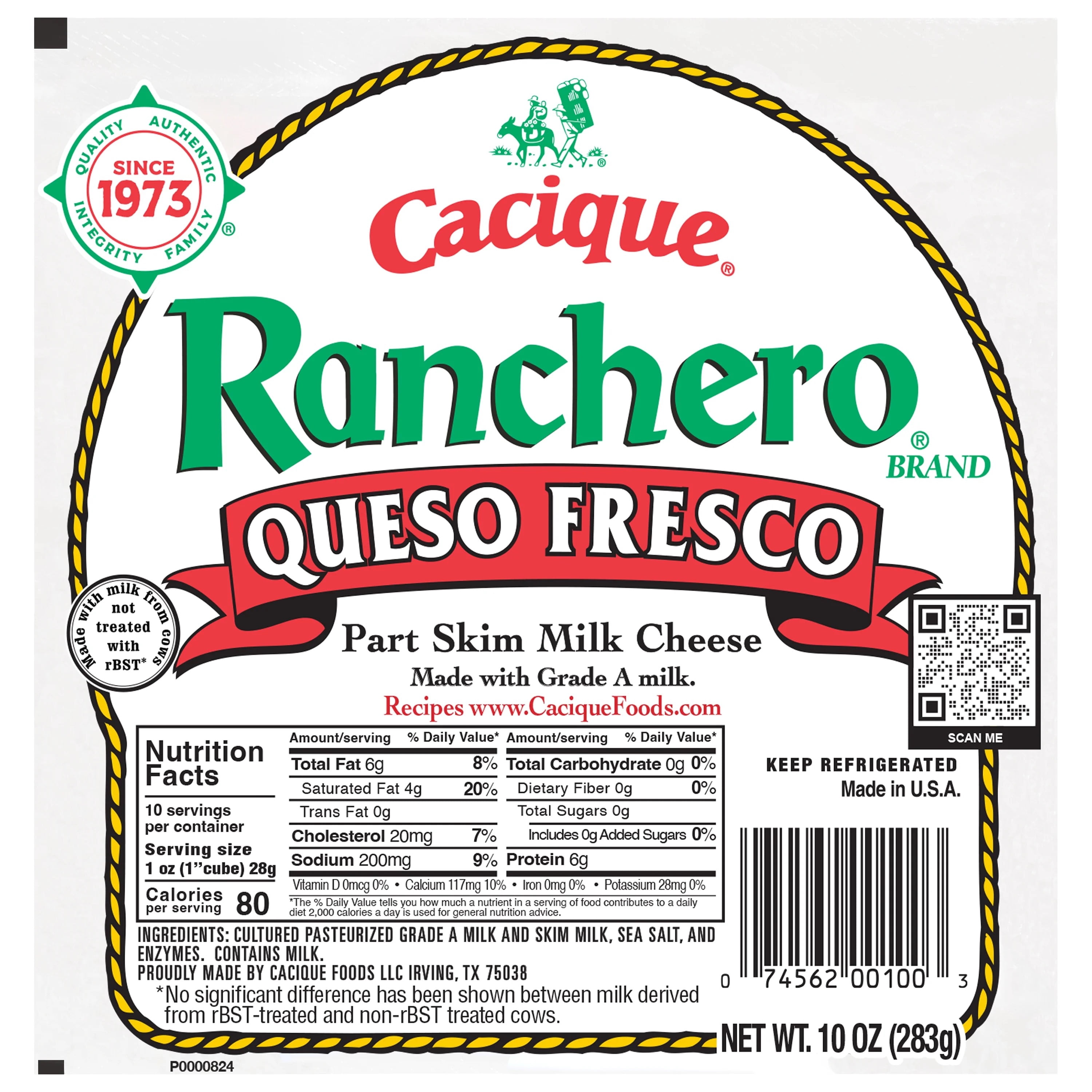 Cacique Ranchero Queso Fresco, Fresh Mexican Crumbling Cheese, Part Skim Milk, 10 oz (Refrigerated)