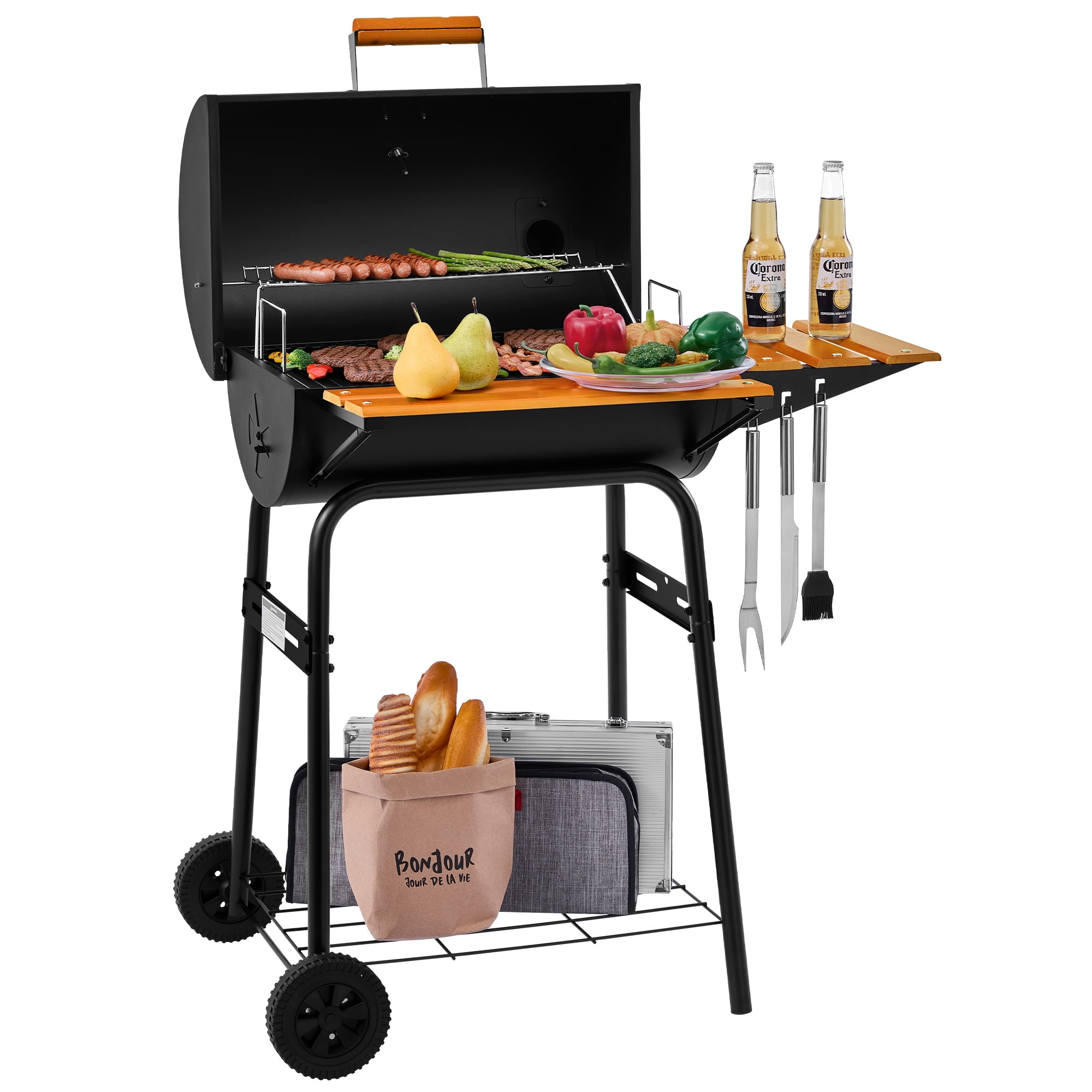 Royal Gourmet CC1624V Barrel Charcoal Grill,Wooden Front shelf, Wooden Side Shelf With Hooks,for Outdoor Grilling and Backyard Cooking, Black