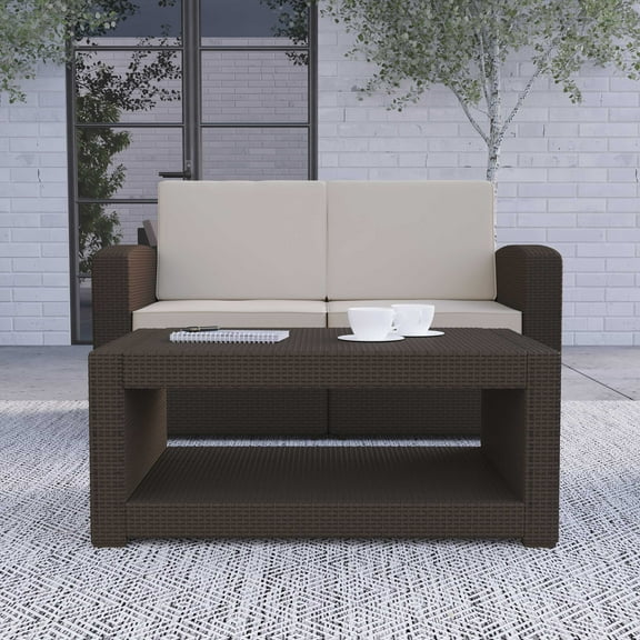 Merrick Lane Outdoor Furniture Coffee Table Chocolate Brown Faux Rattan Wicker Pattern All-Weather Patio Coffee Table With Shelving