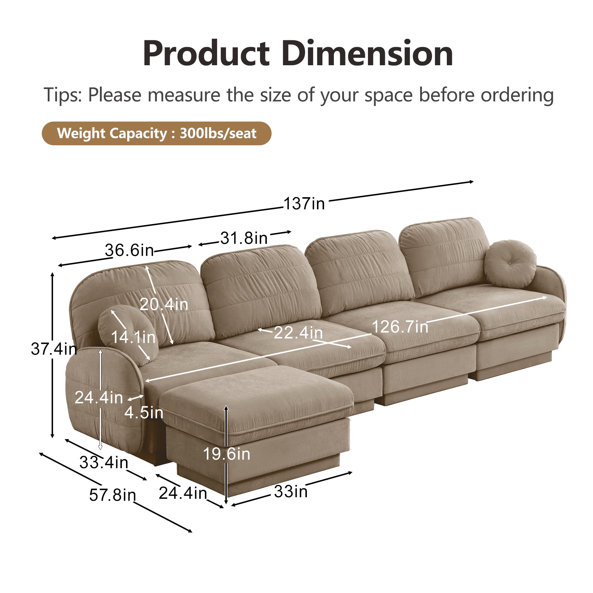 Mintazer 137" Chenille Cloud 4-Seater Modular Sectional Sofa with Movable Ottoman & Round Pillows, L-Shaped Ergonomic Sofa Couch for Living Room, Apartment, Light Coffee