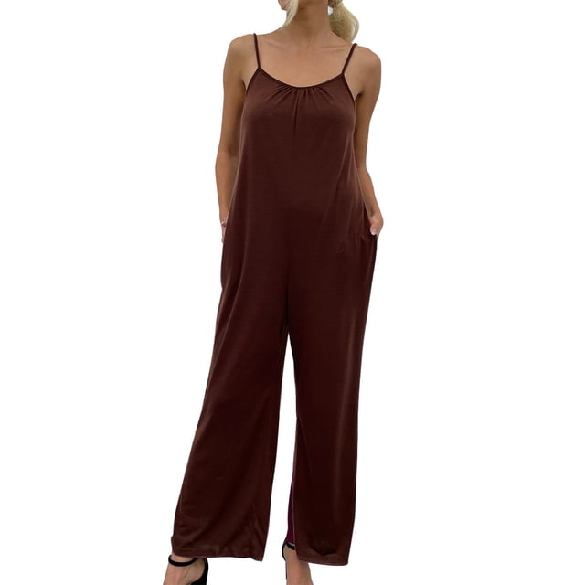 HBFAGFB Rompers for Women Dressy Summer Thin Shoulder Strap Retro Work Pants with Pockets Brown Size M
