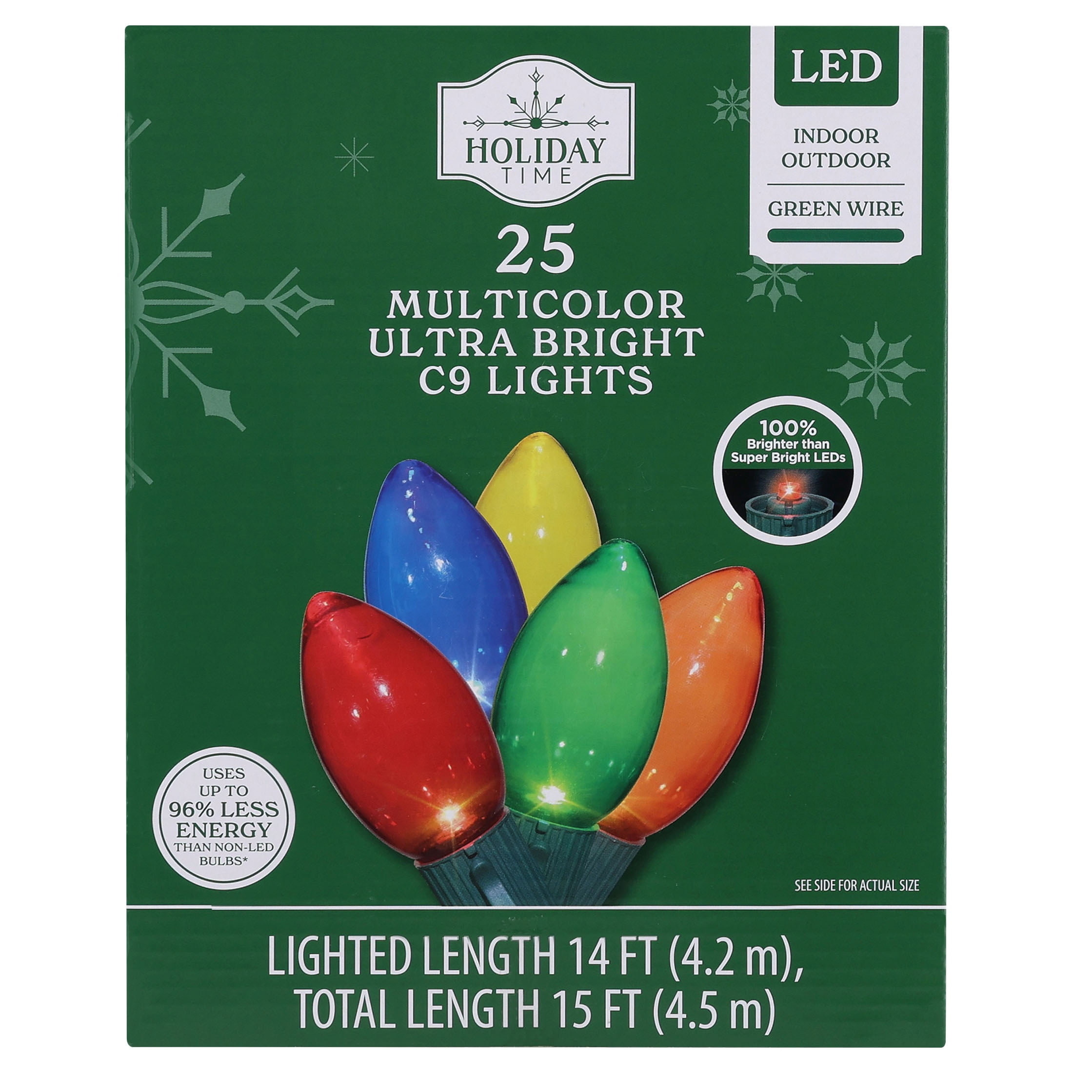 Indoor/Outdoor 25-Count LED Ultra Bright C9 Christmas String Lights, Multicolor, Green Wire, 14', by Holiday Time