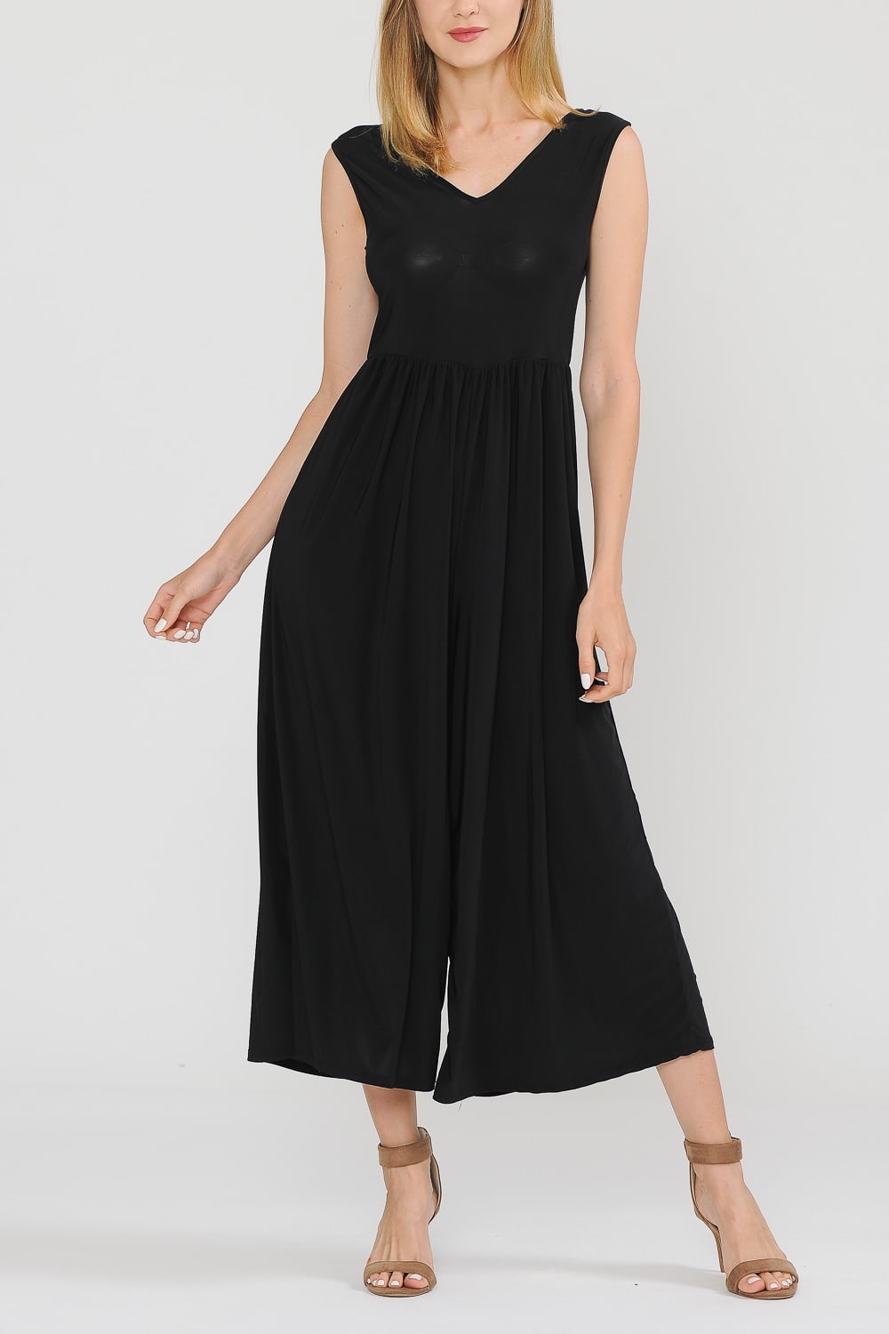 SSOULM Women's Sleeveless V-Neck Loose Fit Wide Leg Palazzo Capri Jumpsuit with Plus Size