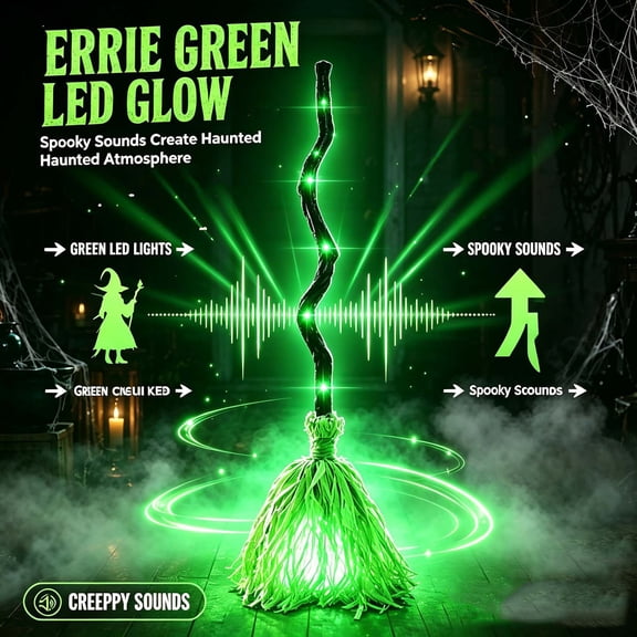 CHJK Animated Witch Broom, 32" Sound & Touch Activated Halloween Decor with LED, Spooky Lighted Broom for Featival Party
