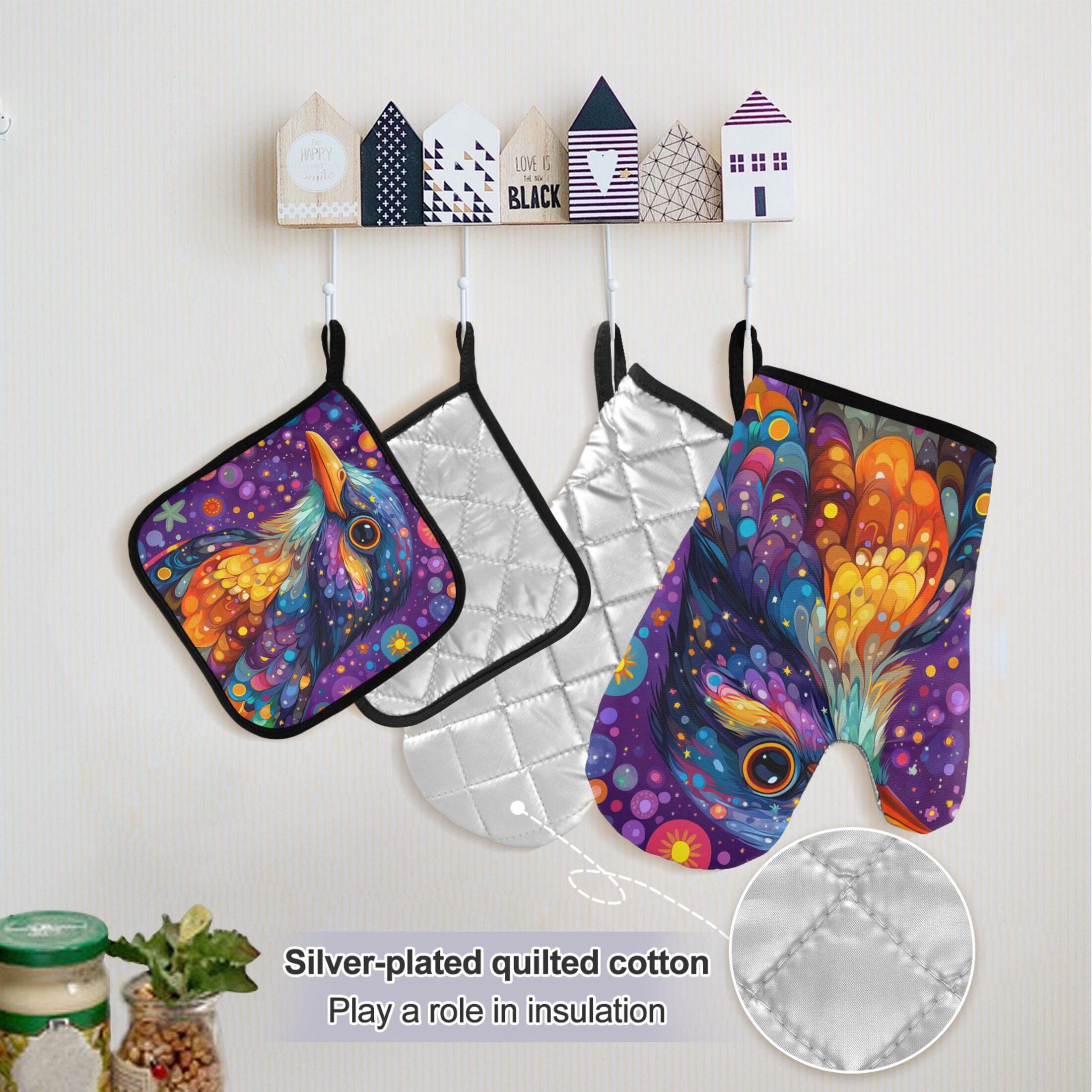 Cute Bird and Star 5 Pcs Kitchen Set Heat Resistant Oven Mitts and Non-Slip Pot Holders with Adjustable Cooking Apron