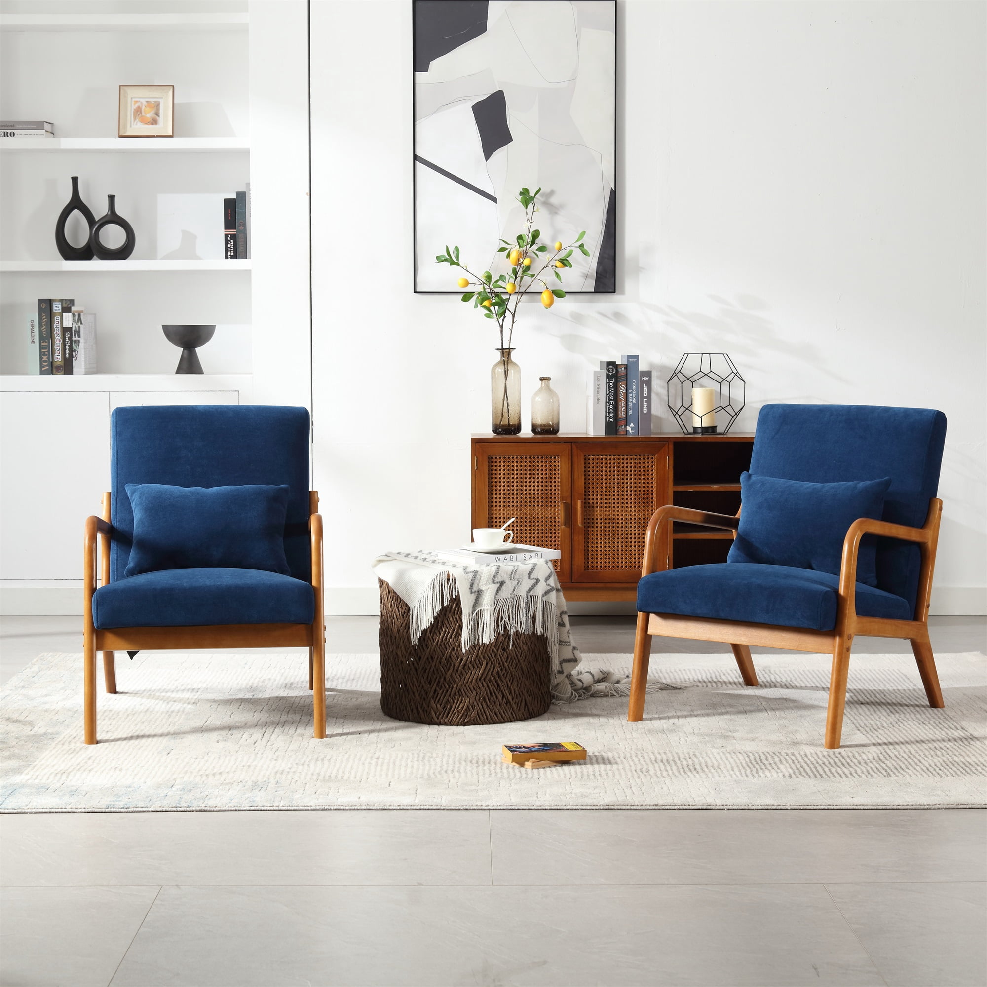 Miniyam Modern Velvet Accent Chair, Solid Wood Lounge Reading Armchair With One Pillow for Living Room, Bedroom, Guest Room, Navy