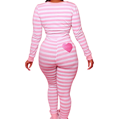 

ZAXARRA Women Striped Jumpsuit One Piece V Neck Pajama Romper Bodysuit Sleepwear