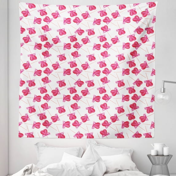 Valentine's Day Tapestry, Romantic Style Watercolor Design Heart Shaped Lollipops with Bows, Fabric Wall Hanging Decor for Bedroom Living Room Dorm, 5 Sizes, White and Multicolor, by Ambesonne