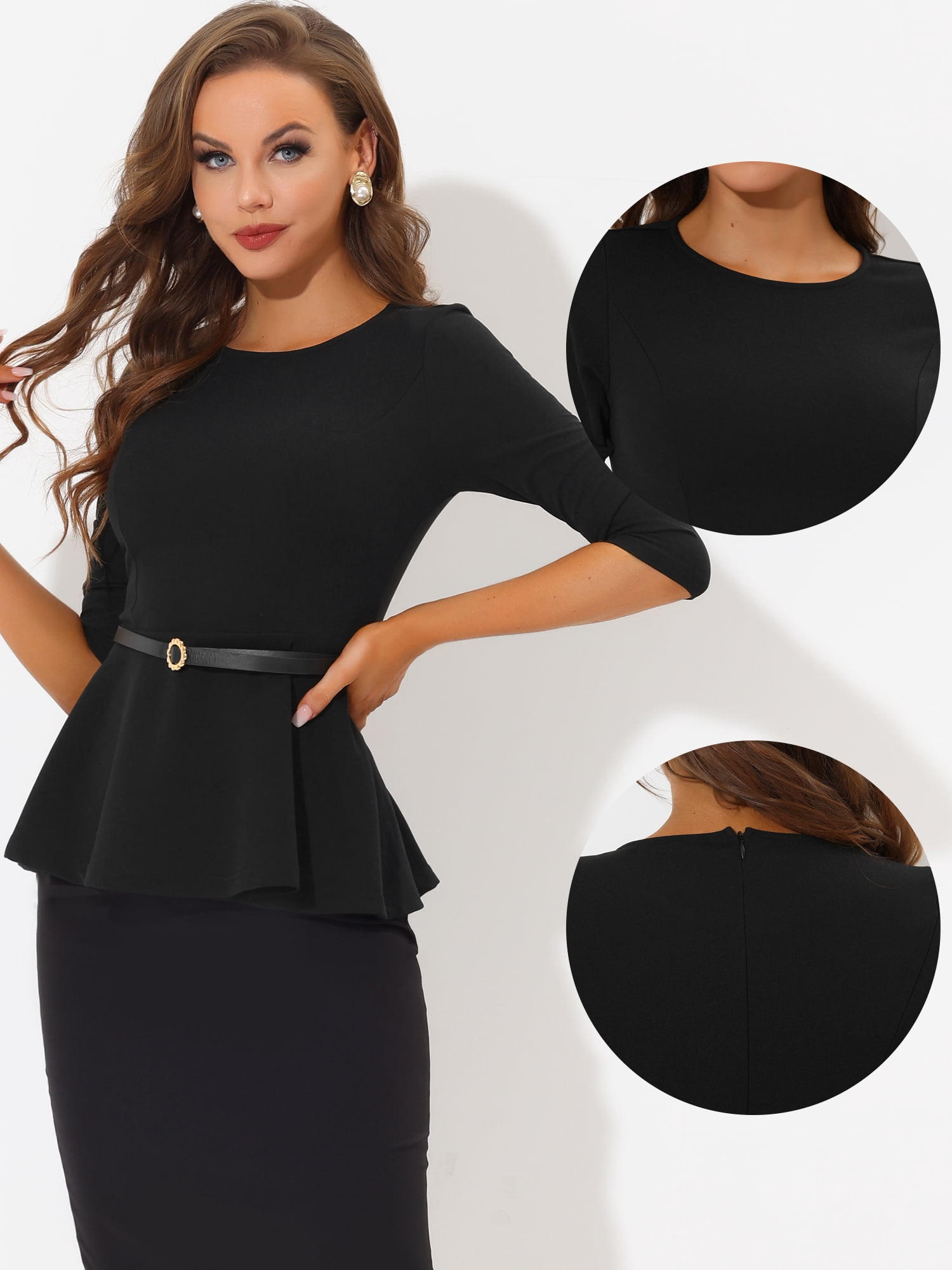 DARING DIVA 3/4 Sleeve Elegant Work Peplum Top XS Black L Black