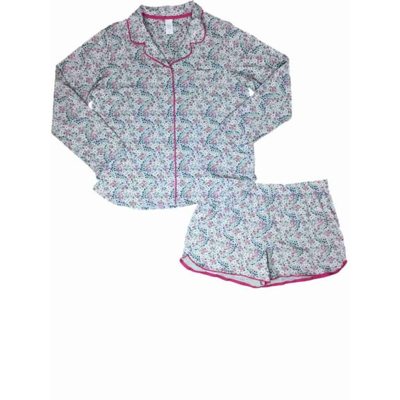 Womens Gray Pink & Navy Floral Pajamas Lightweight Flower Short Sleep Set Large