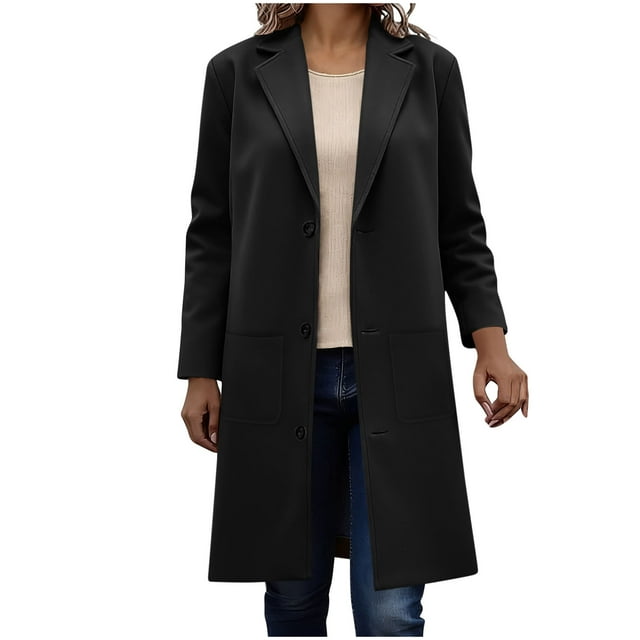 WRKEKC Coats for Women Long Sleeve Solid Color Button Multi Pocket Wool Blend Long Jacket Top for Daily Appeal and Functional Design