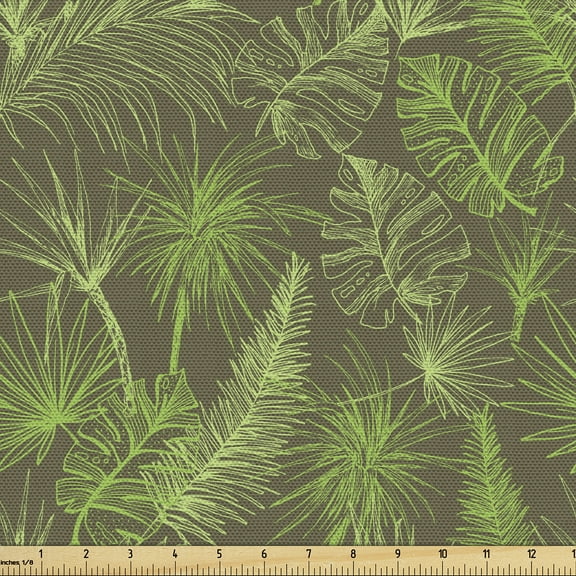 Ambesonne Jungle Foliage Fabric by the Yard Upholstery, Palm Trees Leaves, 10 Yards, Taupe and Lime Green