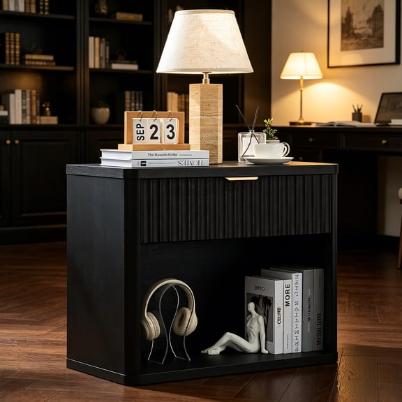 LEYAOYAO Mid Century Modern Nightstand, Fluted Bed Side Table End Table with Drawer Storage, Living Room, Bedroom, Black